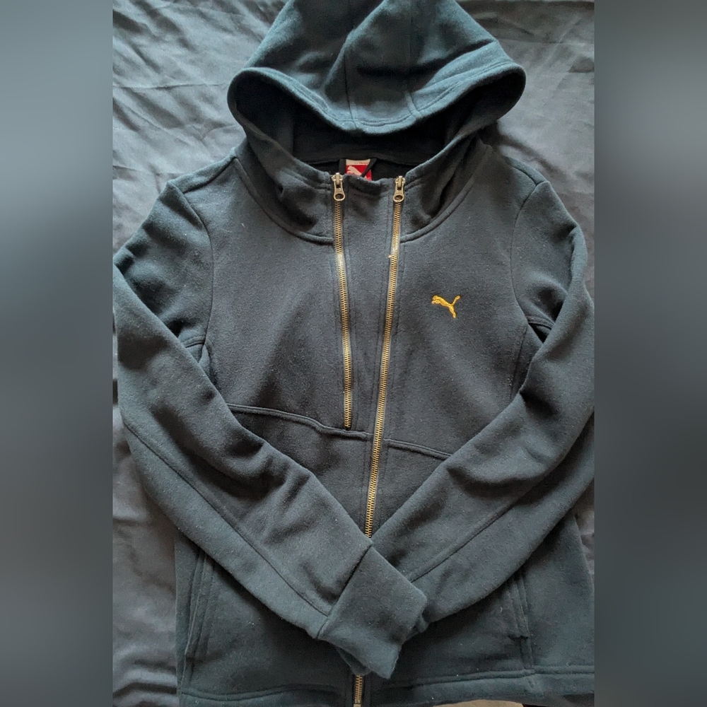 Puma Black Hooded Zip Sweatshirt with Gold Logo